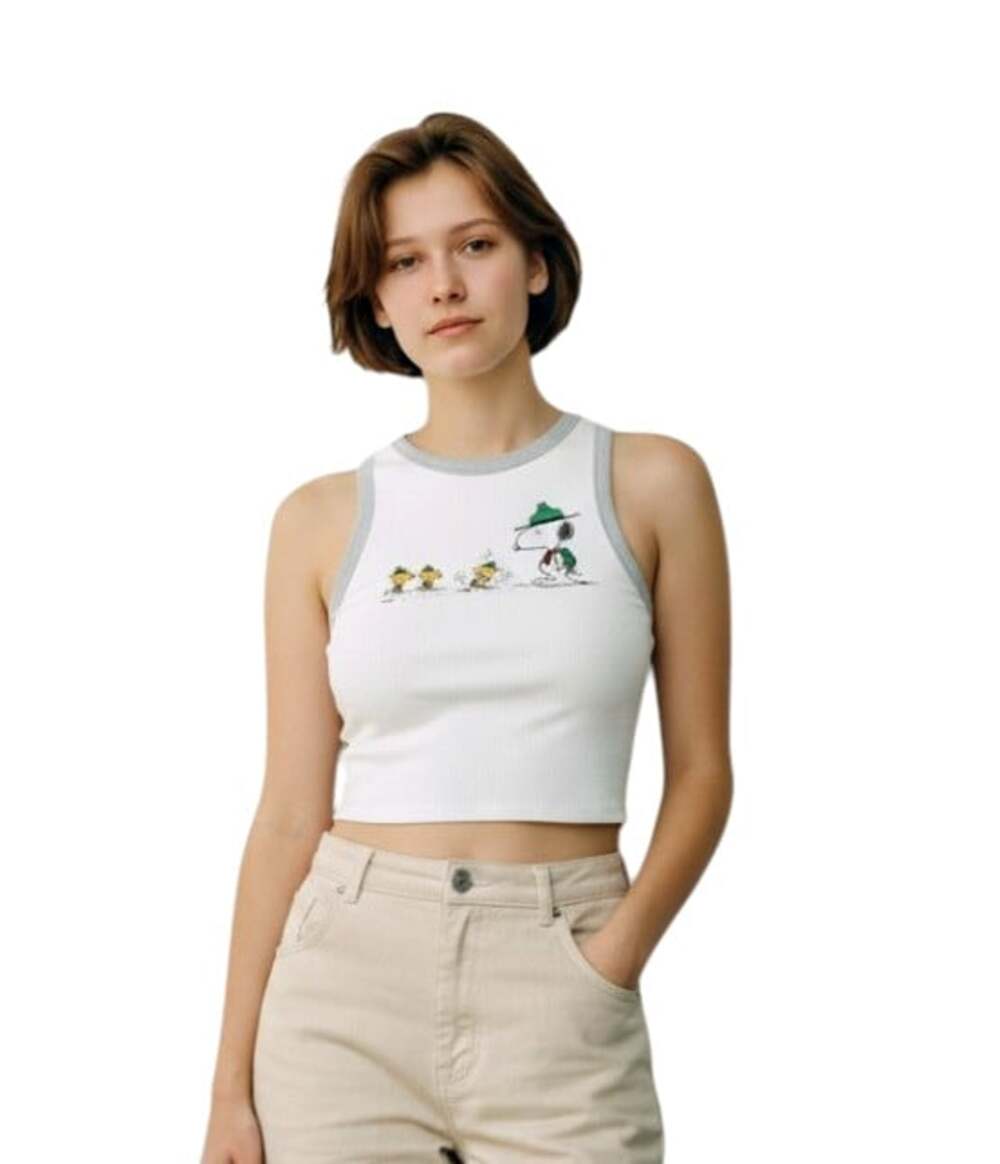 Camp Snoopy Follow The Beagle Cropped Tank Woodstock Camping XL White Gray